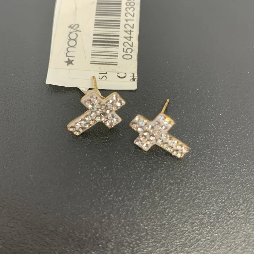 MACY'S 14k Gold Plated Sterling Silver
Crystal CROSS STUD Earrings Dainty - Picture 4 of 13
